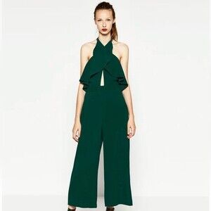 Zara Emerald Green Ruffle Detail Backless Halter Top Jumpsuit- Size Small
